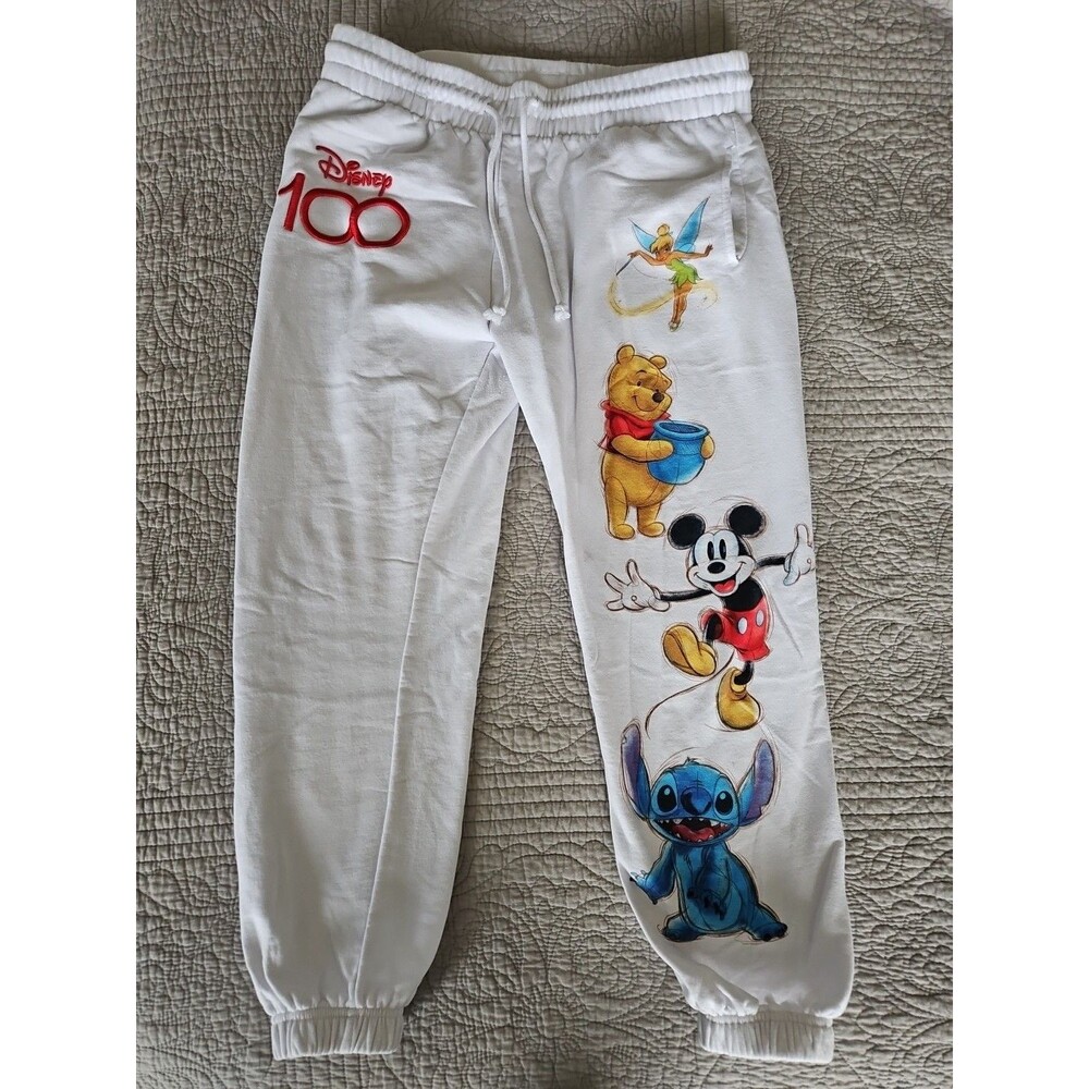 Disney 100 Jogger Sweatpants Womens XL White 34x26 Pooh Tinkerbell Mickey Stitch